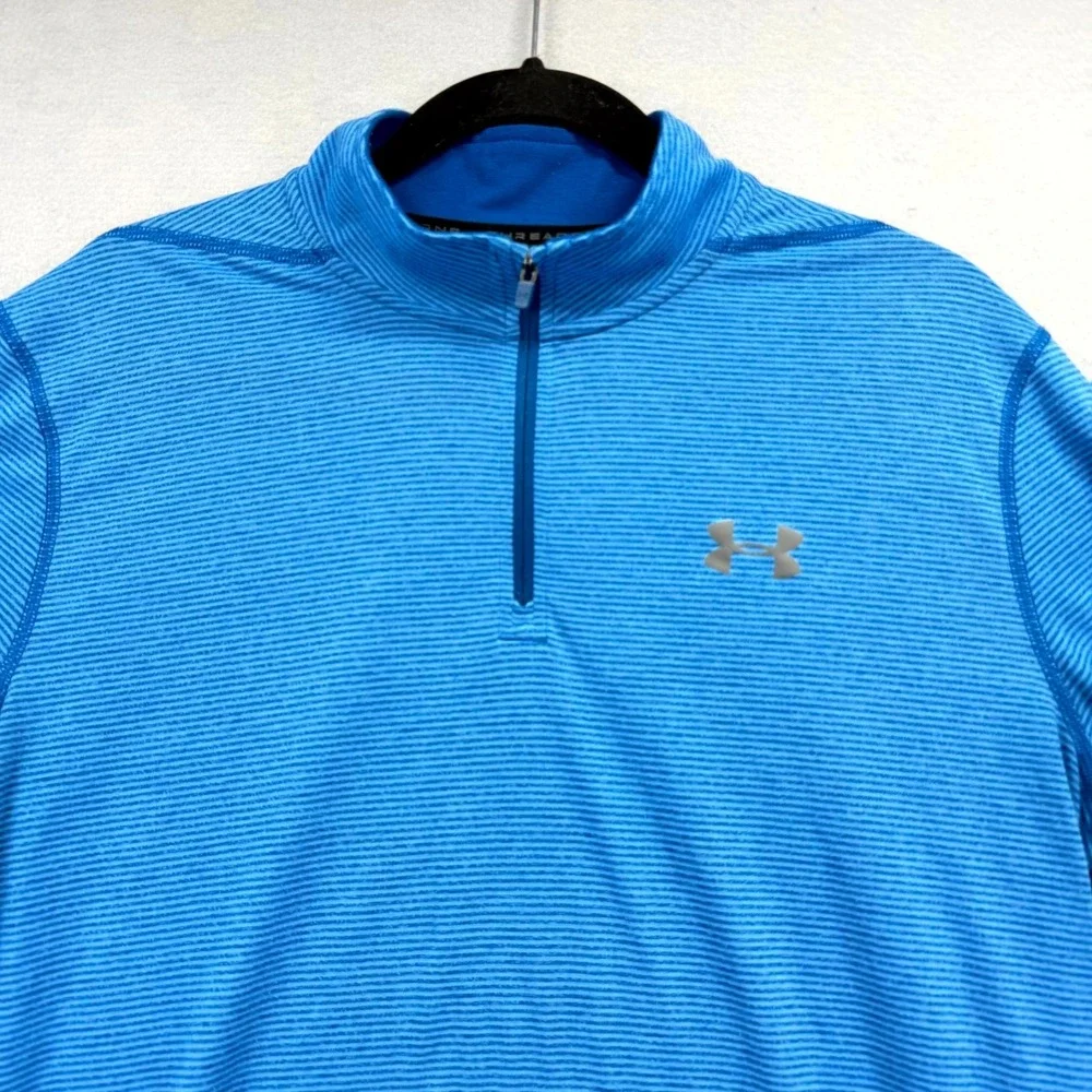 Under Armour 1/4 Zip Pullover Mens‎ L Blue Striped Threadborne HeatGear Athletic